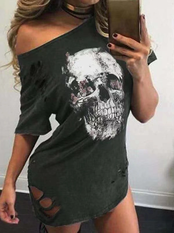Oversized Skull Print One Print T Shirt