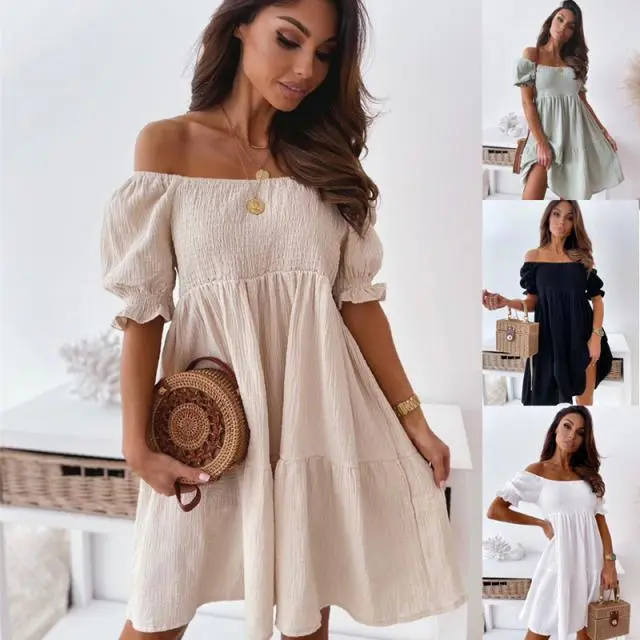 Short-sleeved Word-neck Waist Pleated Solid Color Dress