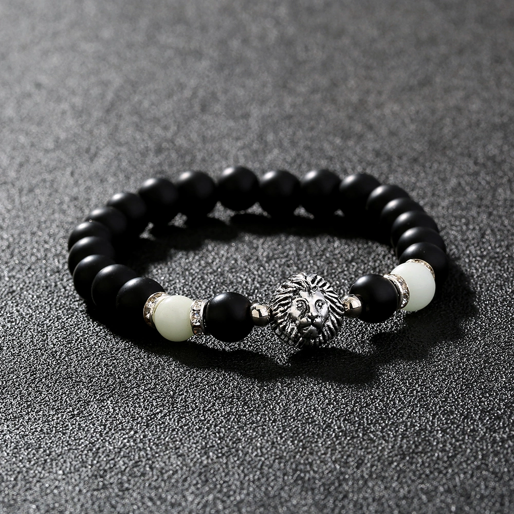 Luminous Running Beads Lion Head Metal Pendant Matte Black Glass Beads Bracelet