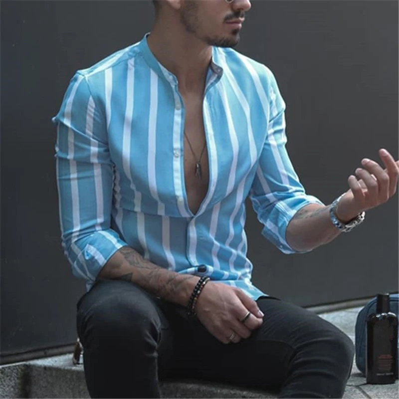 European And American Men's Stand Collar Striped Shirt
