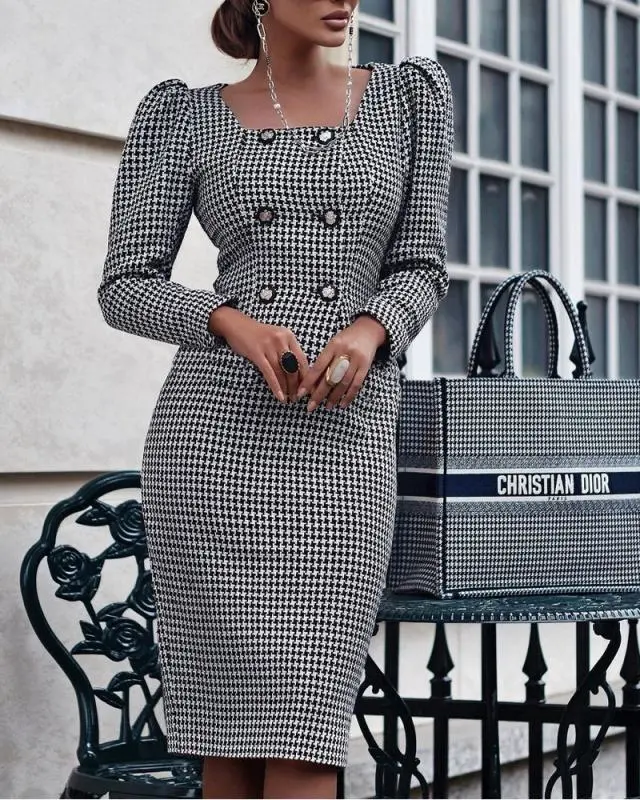 Houndstooth Print Long Sleeve Waist Pack Hip Dress