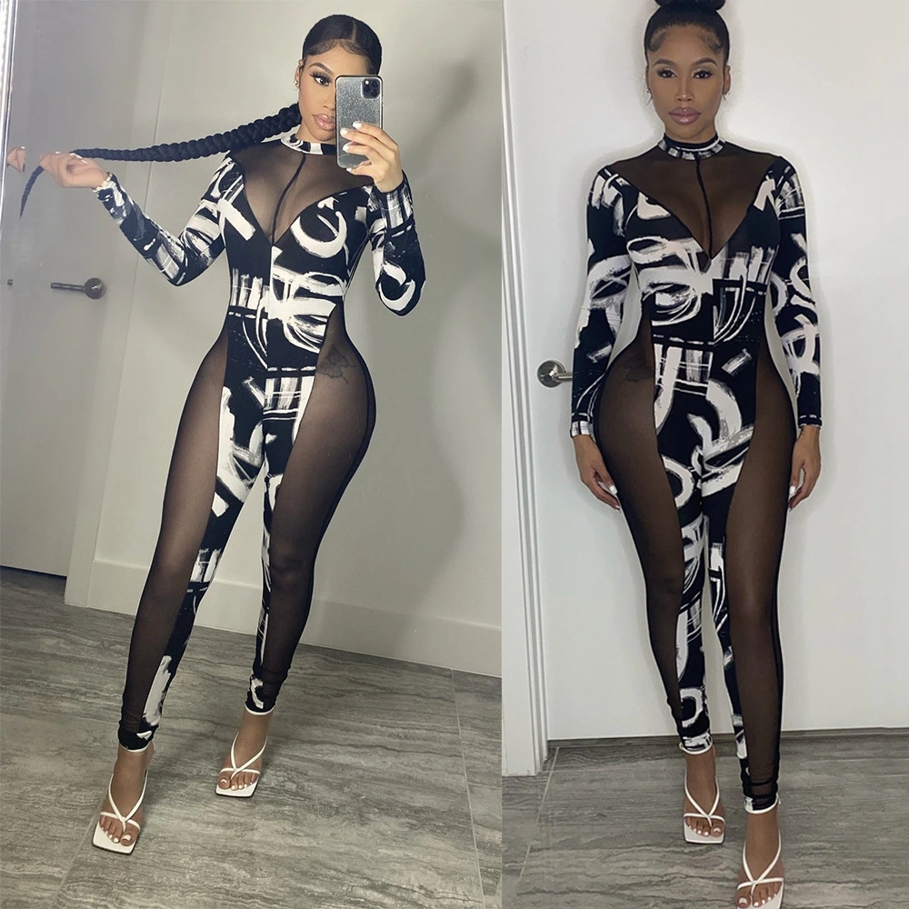 Printed Sexy Skinny Mesh Stitching Jumpsuit