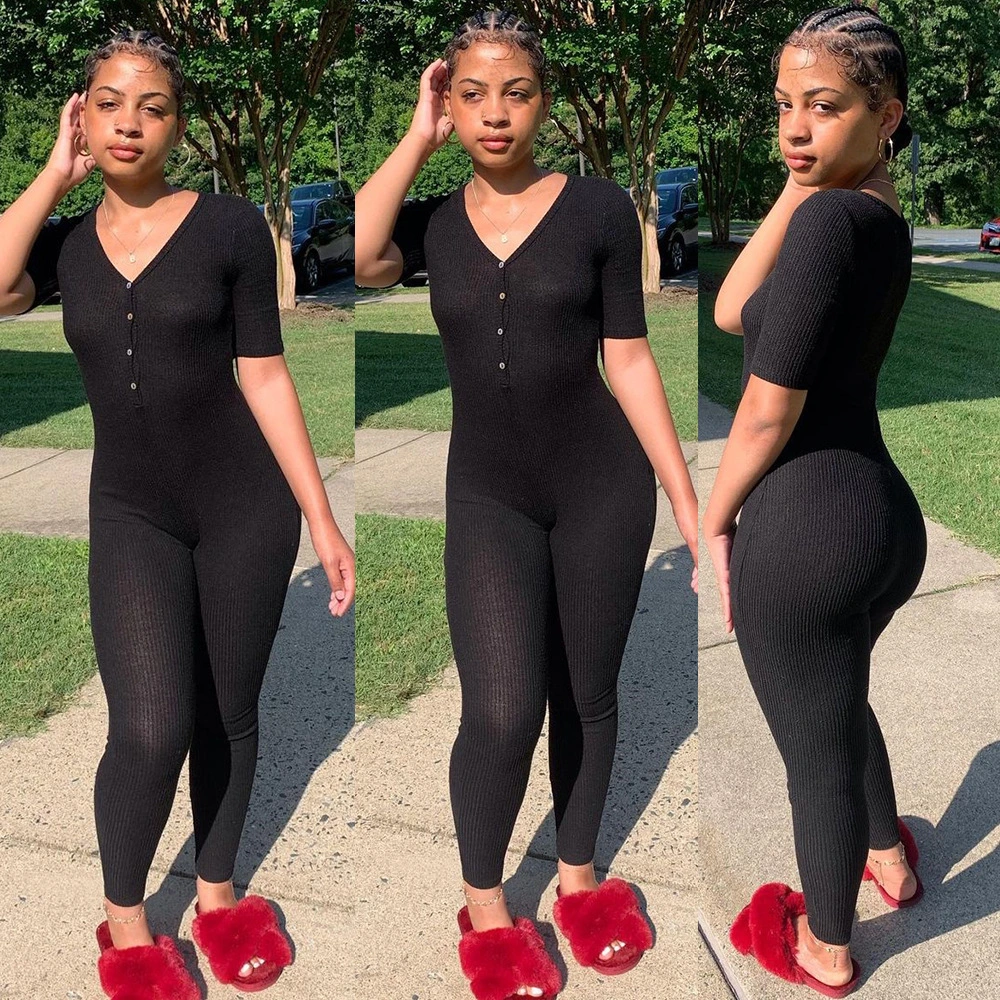 Fashion Sexy Skinny V-Neck Threaded Jumpsuit