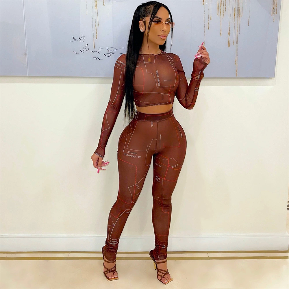 Fashion Sexy Mesh Printed Long Sleeve Two-Piece Suit