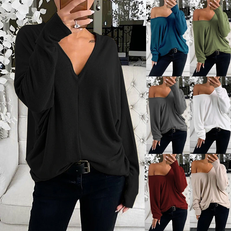 Simple Big V-neck Loose Shoulder Sleeves Loose Long-sleeved Top T-shirt