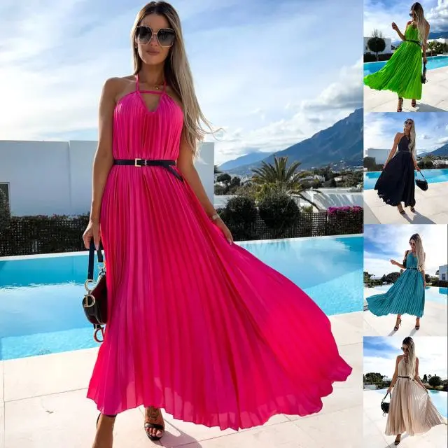 New Pleated Suspenders Sweet Waisted Boho Maxi Dress With Belt