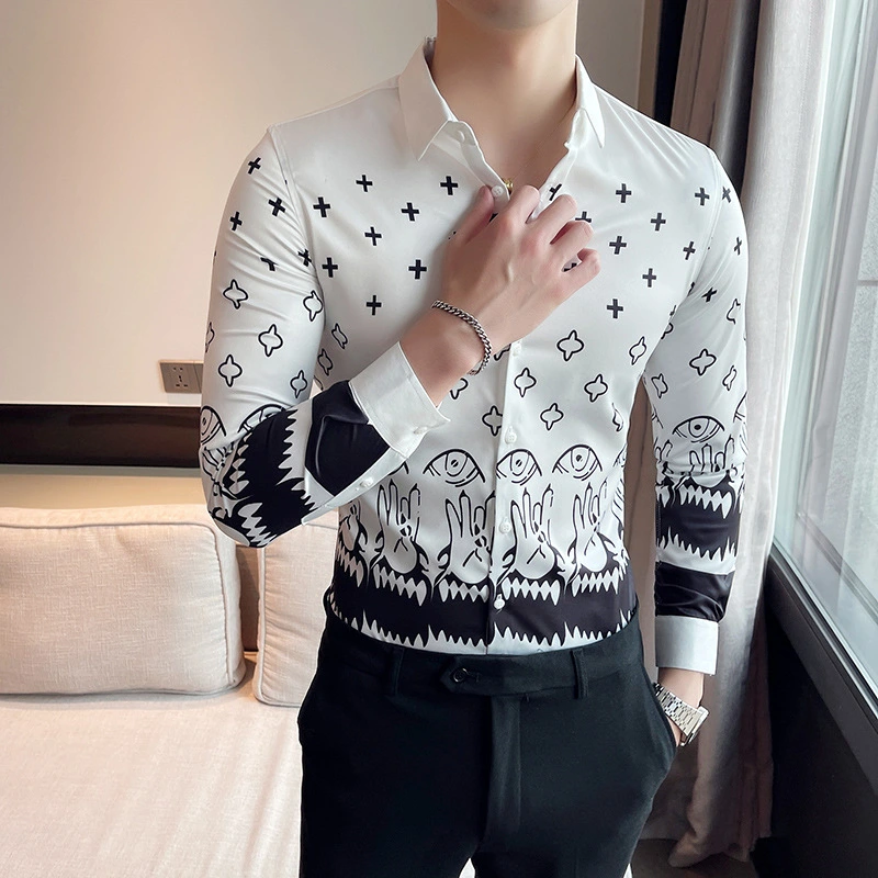 Men Personality Printed Long-Sleeved Lapel Thin Shirt