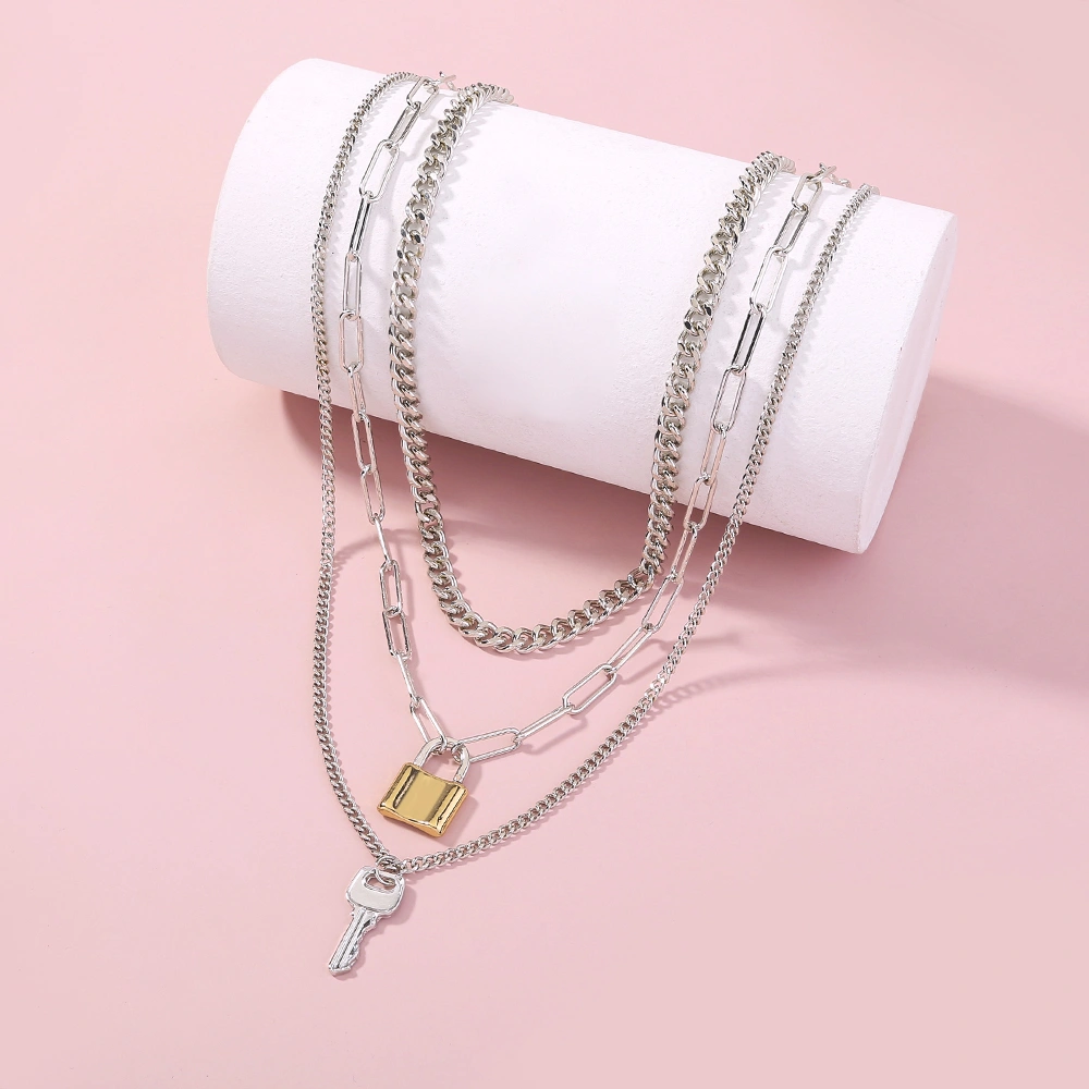 European and American cross-border hot models, punk style trend multi-layer combination set necklace, lock-shaped key hiphop necklace