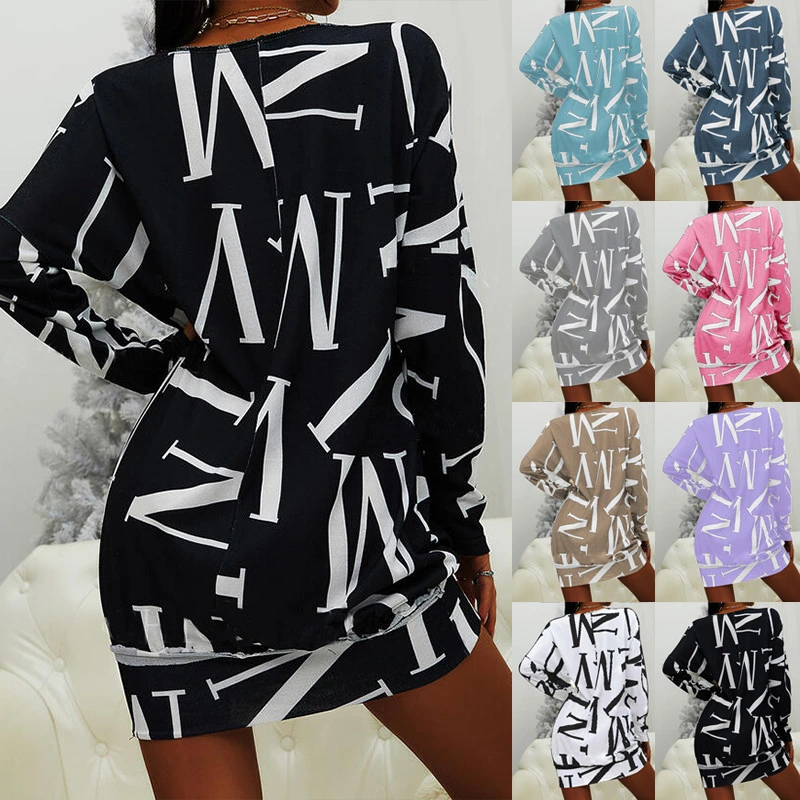 European And American Women's Long-sleeved Letter Print Round Neck Casual Loose Dress