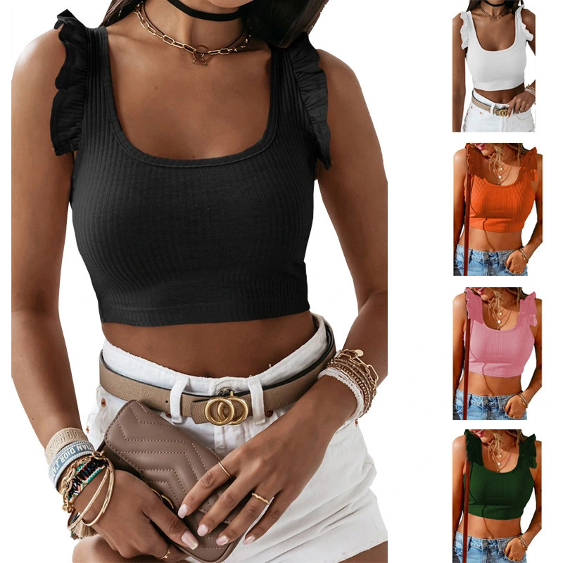 Women's Round Neck Solid Color Fungus Edge Short Vest