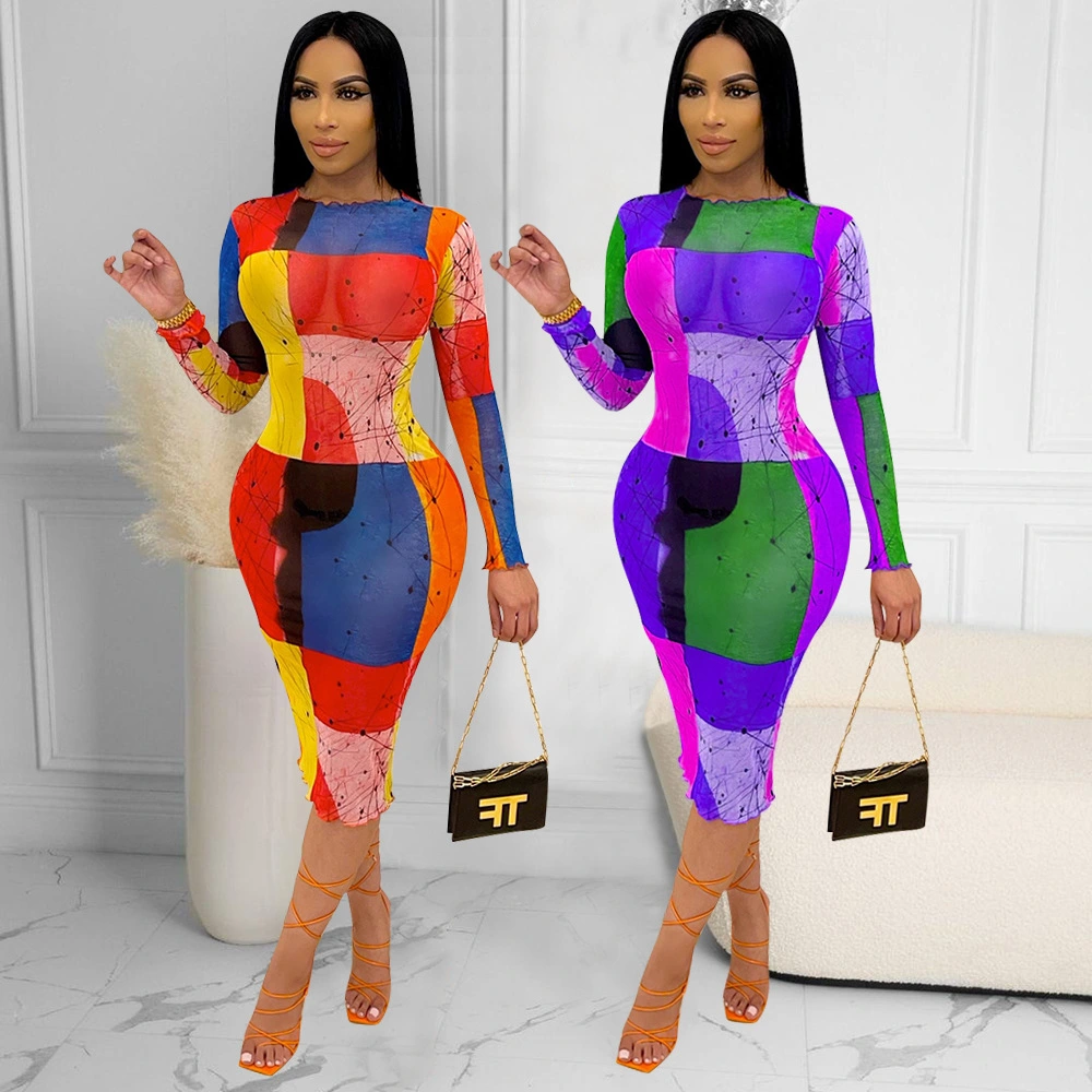 Net Yarn See-Through Digital Printing Long-Sleeved Ladies Midi Skirt