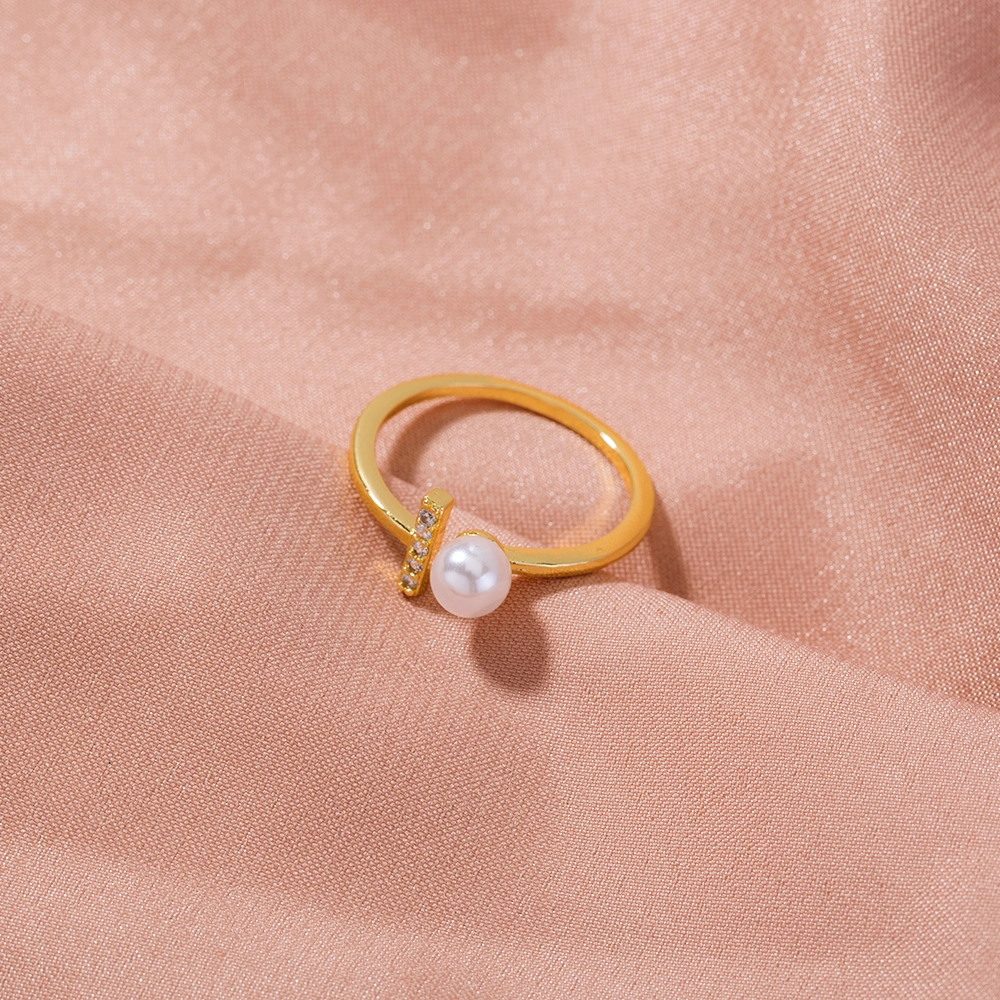 European and American fashion ins cold wind niche design gold simple T-shaped zircon pearl copper ring female