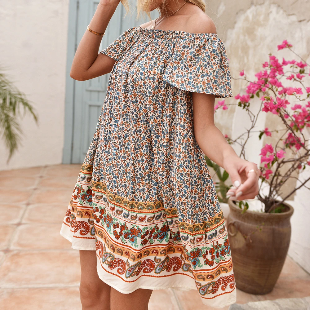 Bohemian Resort Style One-Neck Short Sleeve Floral Dress Women