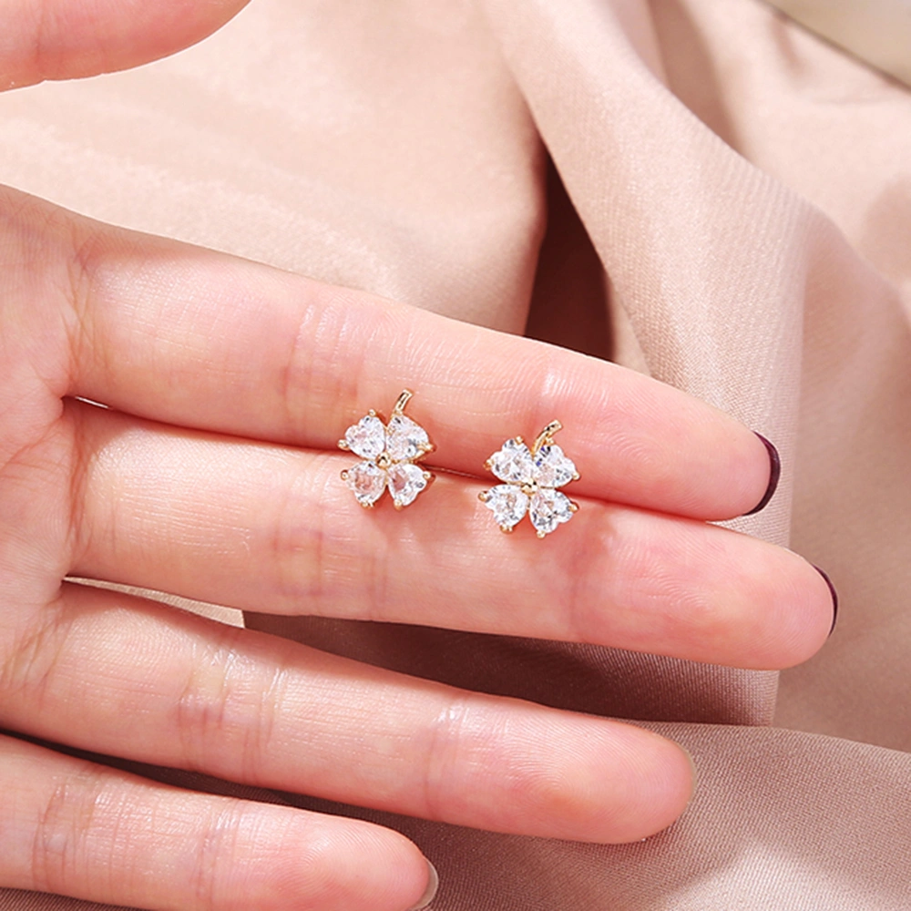 European and American fashion all-match earrings golden lucky four-leaf clover zircon earrings female accessories jewelry