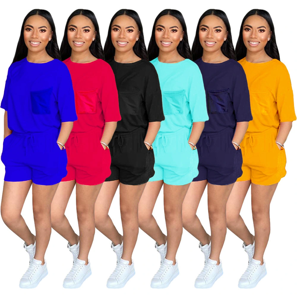 Ladies Fashion Suit Solid Color Short Sleeve T-Shirt Shorts Casual