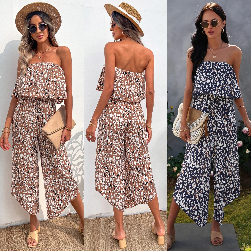 Off Shoulder Chiffon Floral Jumpsuit Loose Wide Leg Pants