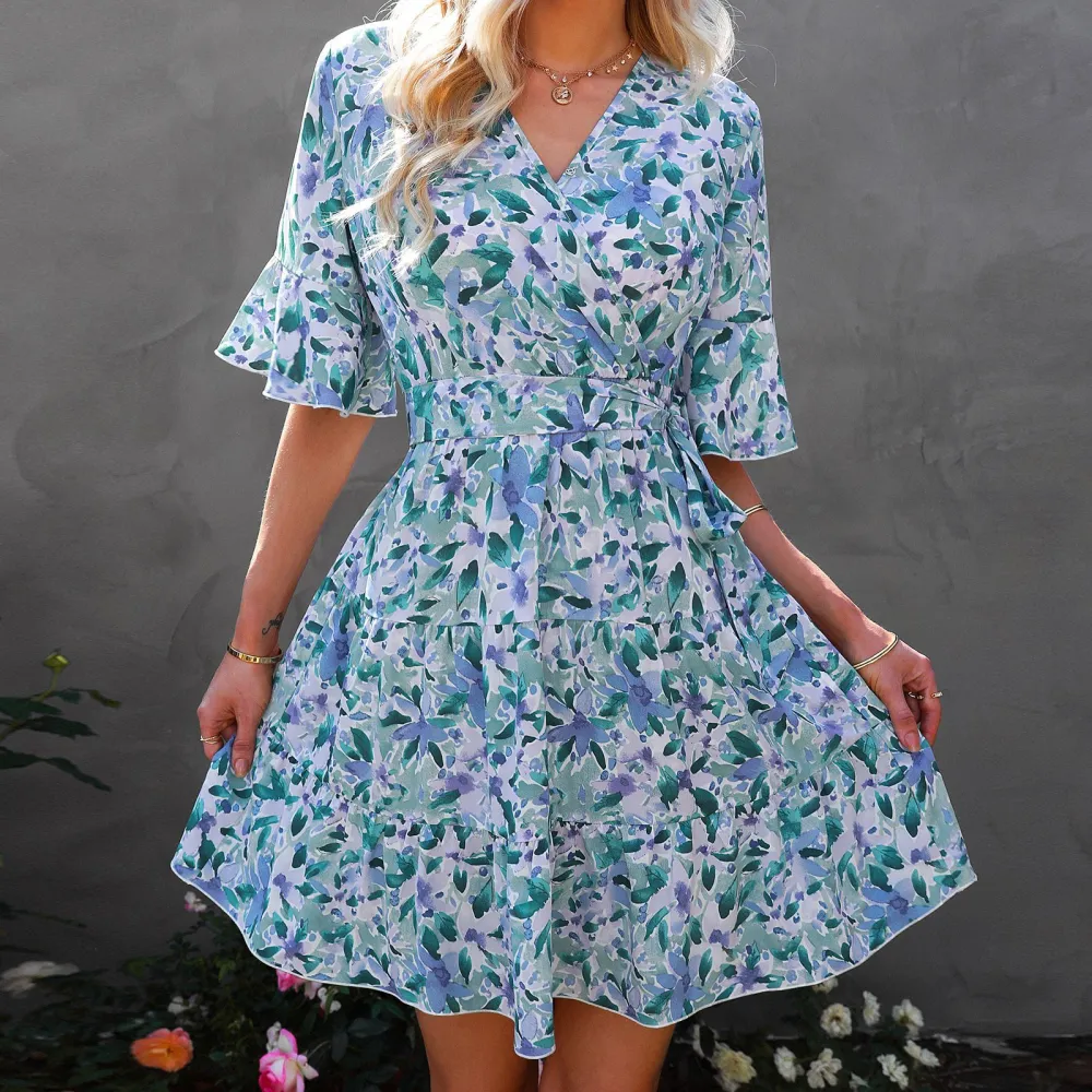 European And American V-neck Short-sleeved Ruffled Floral Dress