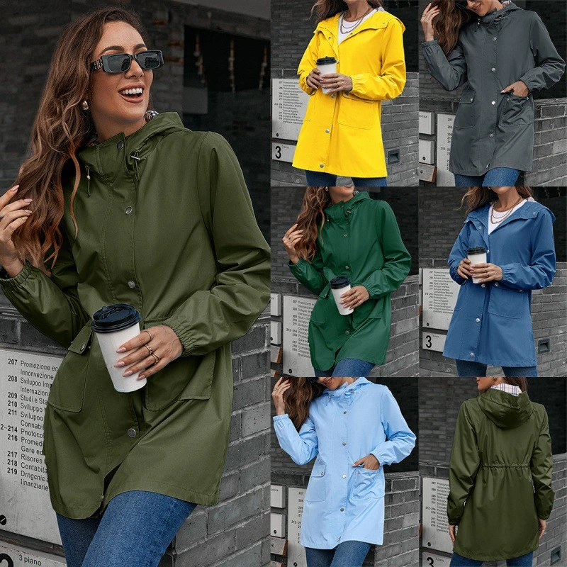 Women's Mid Length Waterproof Windbreaker Jacket Coat Top