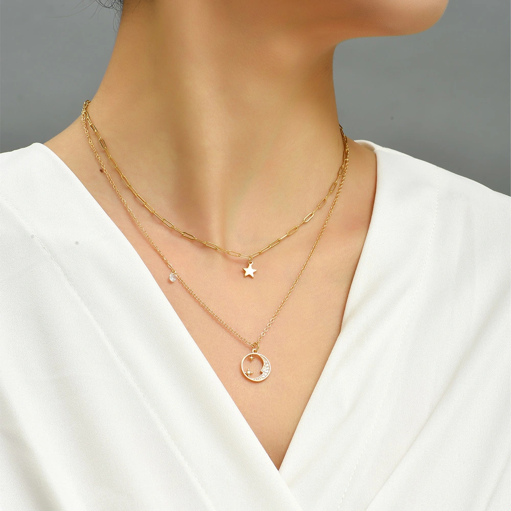 Bronze Star Moon Microset White Zircon Multilayer Necklace