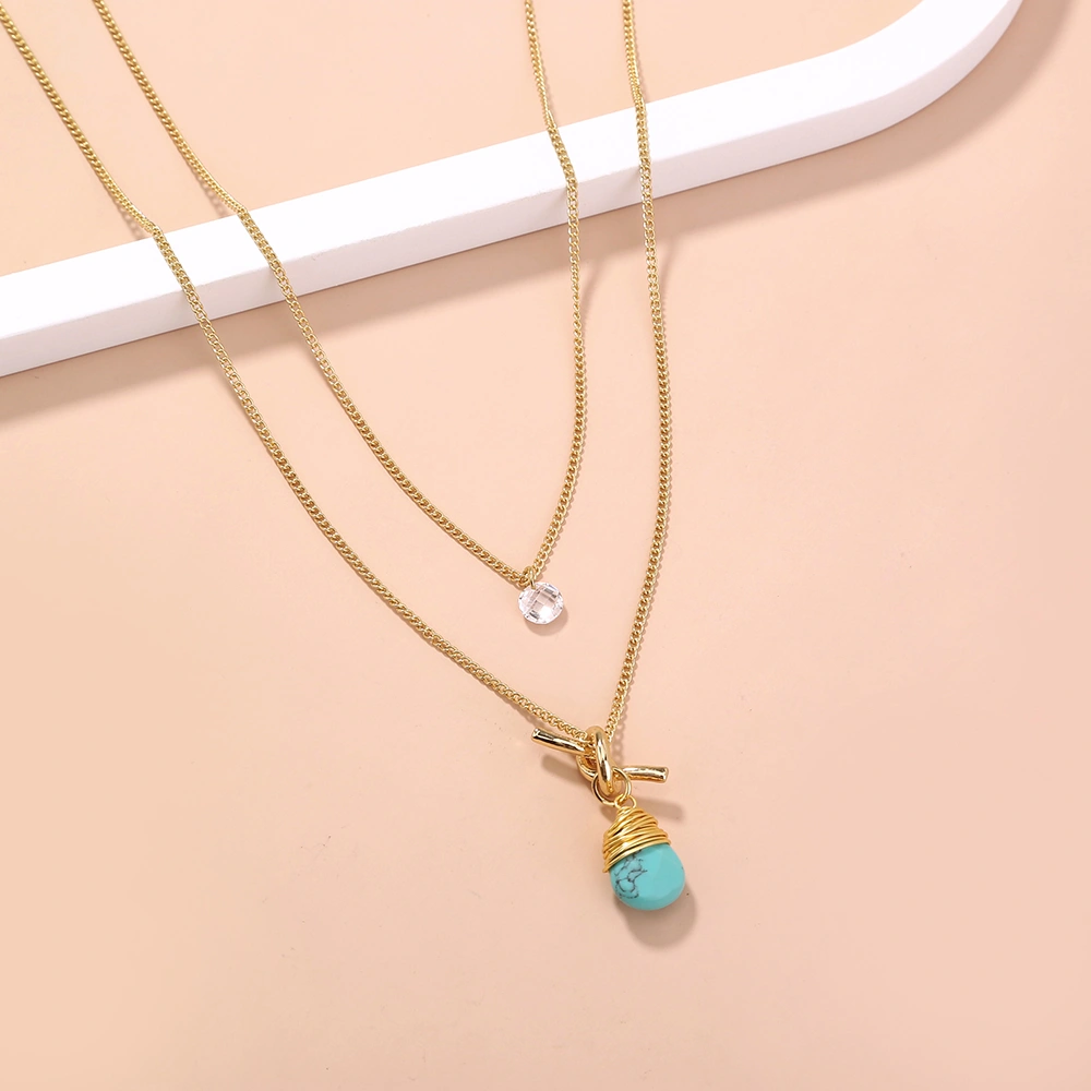 European and American foreign trade new product hot-selling jewelry, metal knotted hand-wound turquoise water droplet simple multi-layer necklace