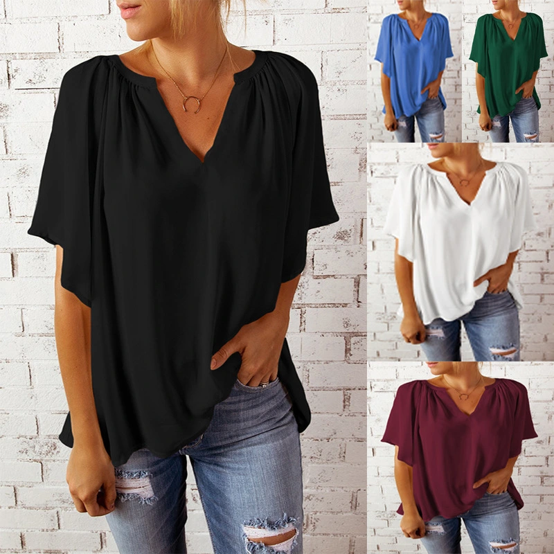 Women's Loose Half Sleeve T-Shirt V-Neck Slim Fit