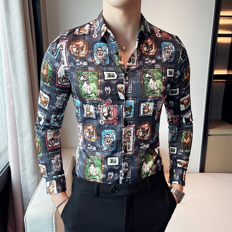Men's Casual Personality Printed Long Sleeve Lapel Shirt
