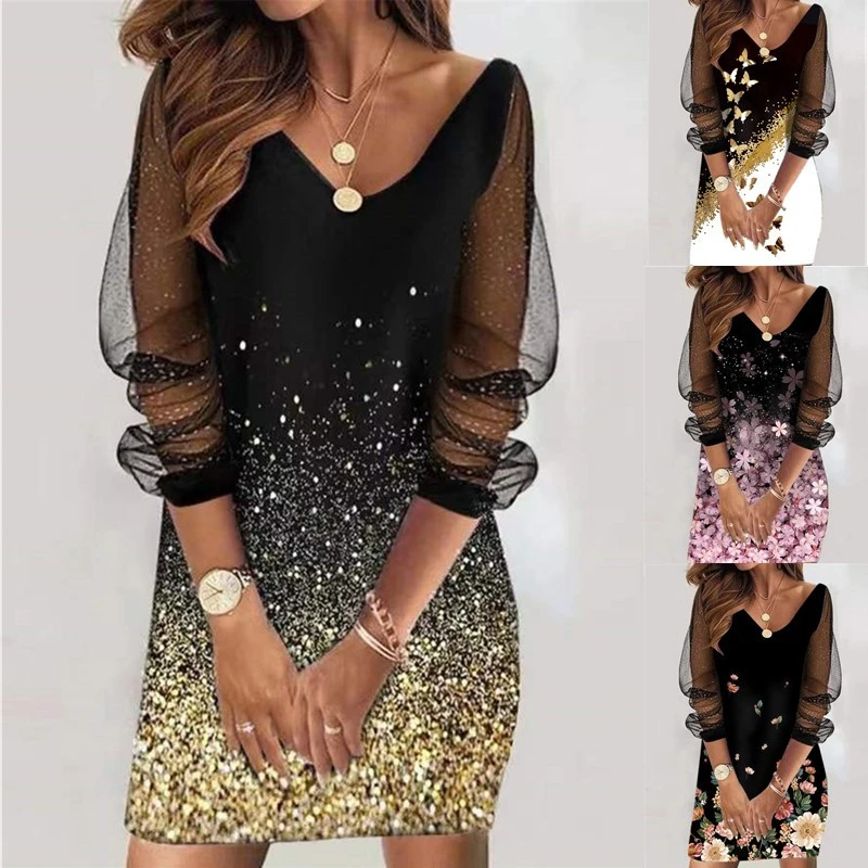 Women's Sequin Sheer Mesh Ladies Dress