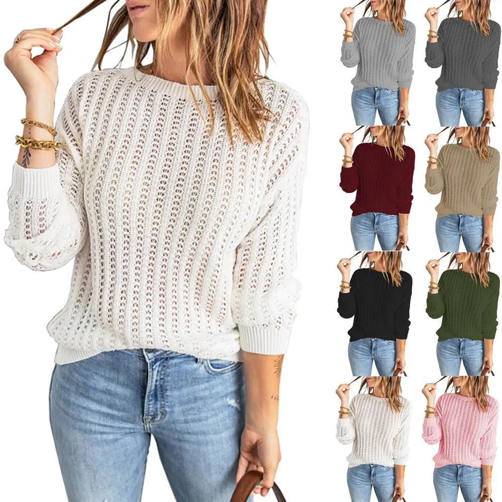 Knitted Sweater Crew Neck Cutout Top Women's Sweater