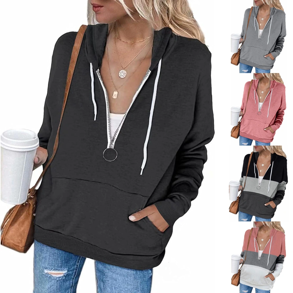 Solid Color Long Sleeve Hooded Patchwork Pullover Sweater Zip Jacket