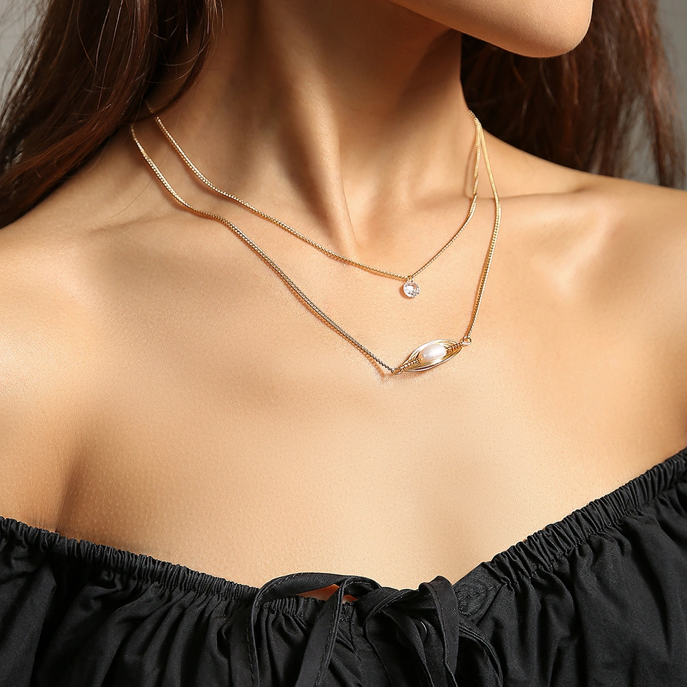 Cross-border personality temperament natural freshwater pearl pendant necklace female translucent zircon simple double layered necklace