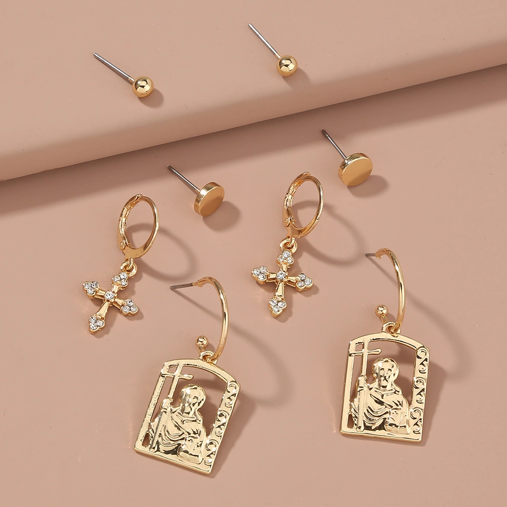 Hot selling hip-hop street accessories in Europe and America, diamond cross portrait tag earrings set earrings