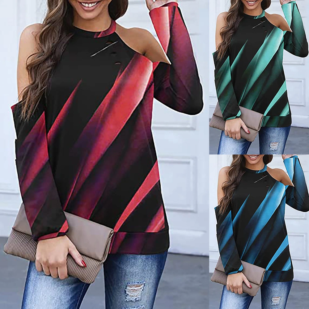Printed Halterneck Off-the-shoulder Long-sleeve Casual Top