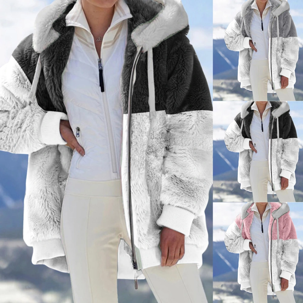 Colorblock Cardigan Jacket Pocket Zippered Long Sleeve Hooded Loose Top
