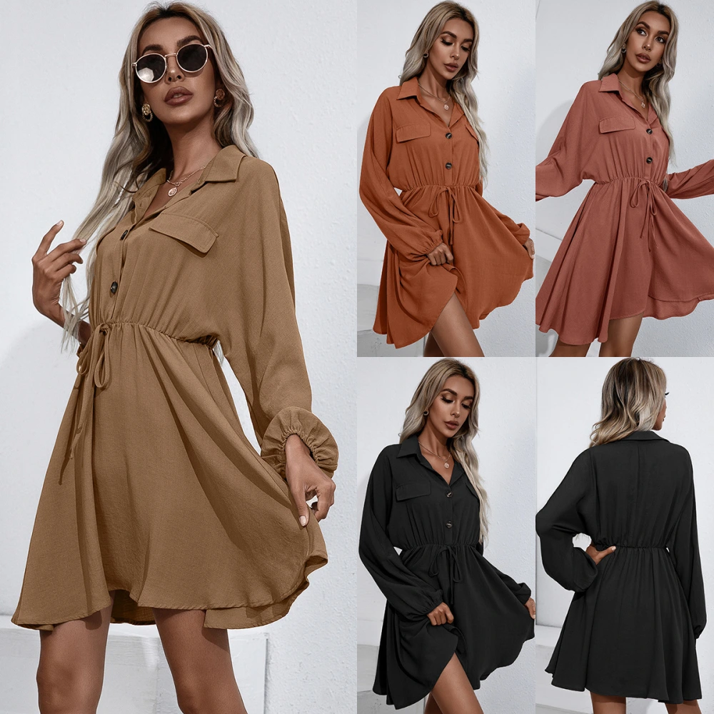Lace Up Waist Slim Long Sleeve Dress Women