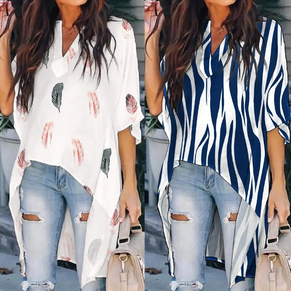 Women's Printed V-Neck Doll Sleeve Casual Irregular Shirt