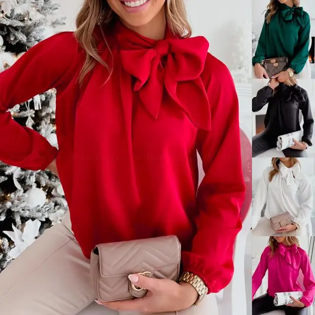 Bow Knot Long Sleeve Commuter Solid Color Shirt