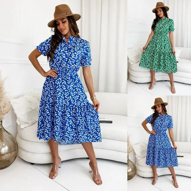 Women's Stand Collar Puff Short Sleeve Printed Neck Waist Swing Dress