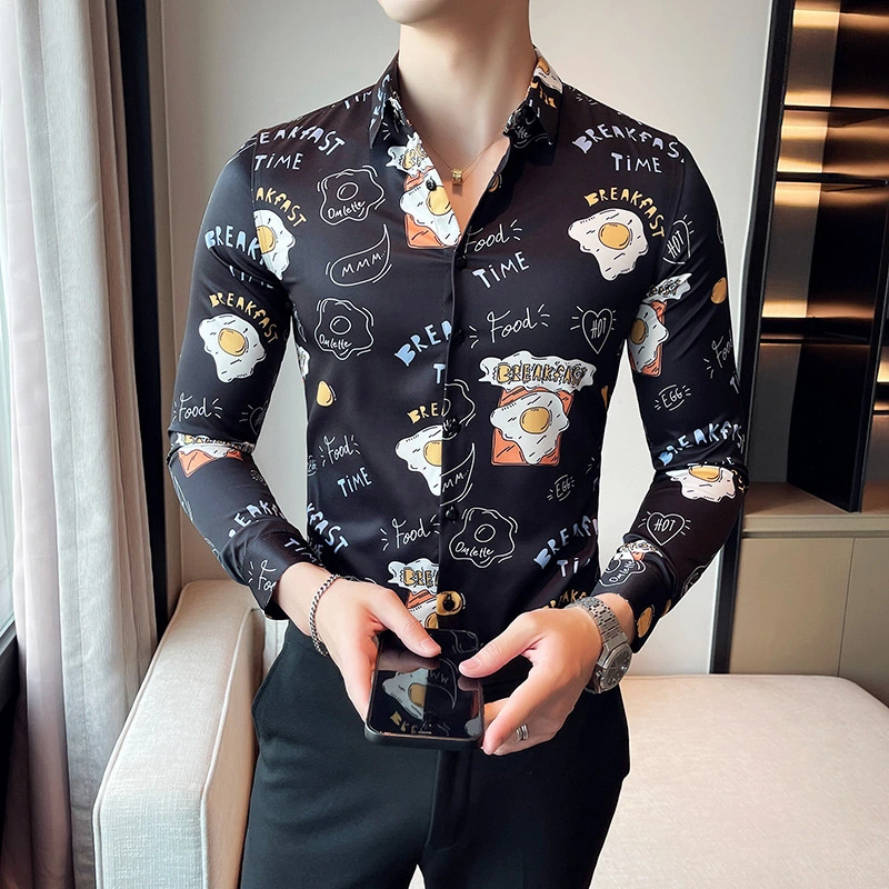 Men's Casual Black Statement Print Long Sleeve Lapel Shirt