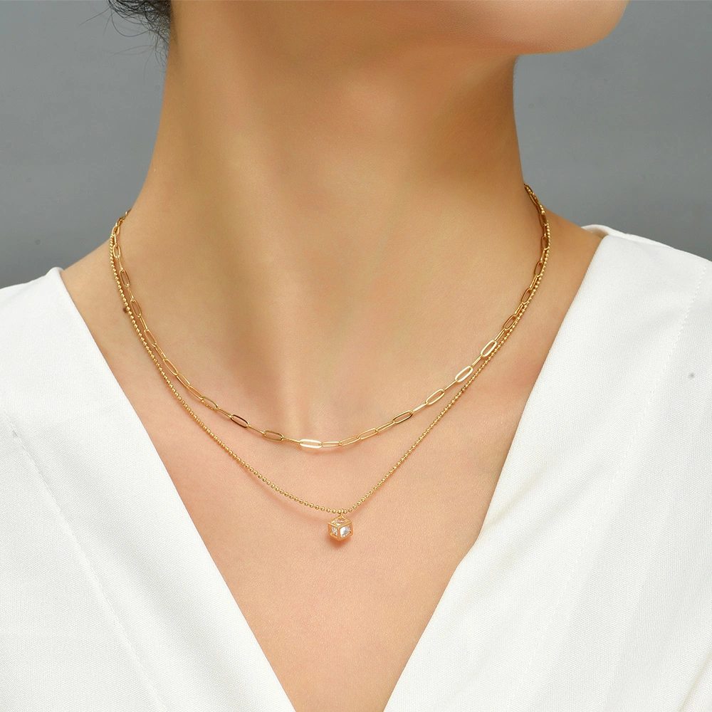 Copper Square Micro-Set Zircon Multilayer Necklace