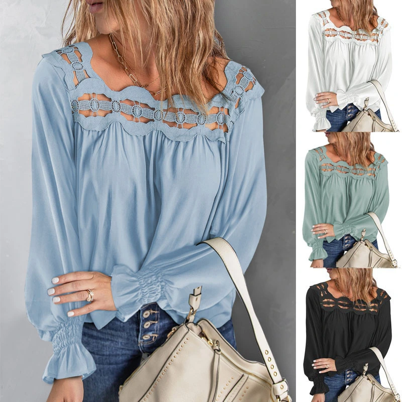 Solid Color Loose Pullover Shirt Hollow Lace Square Neck Long Sleeve Top Women