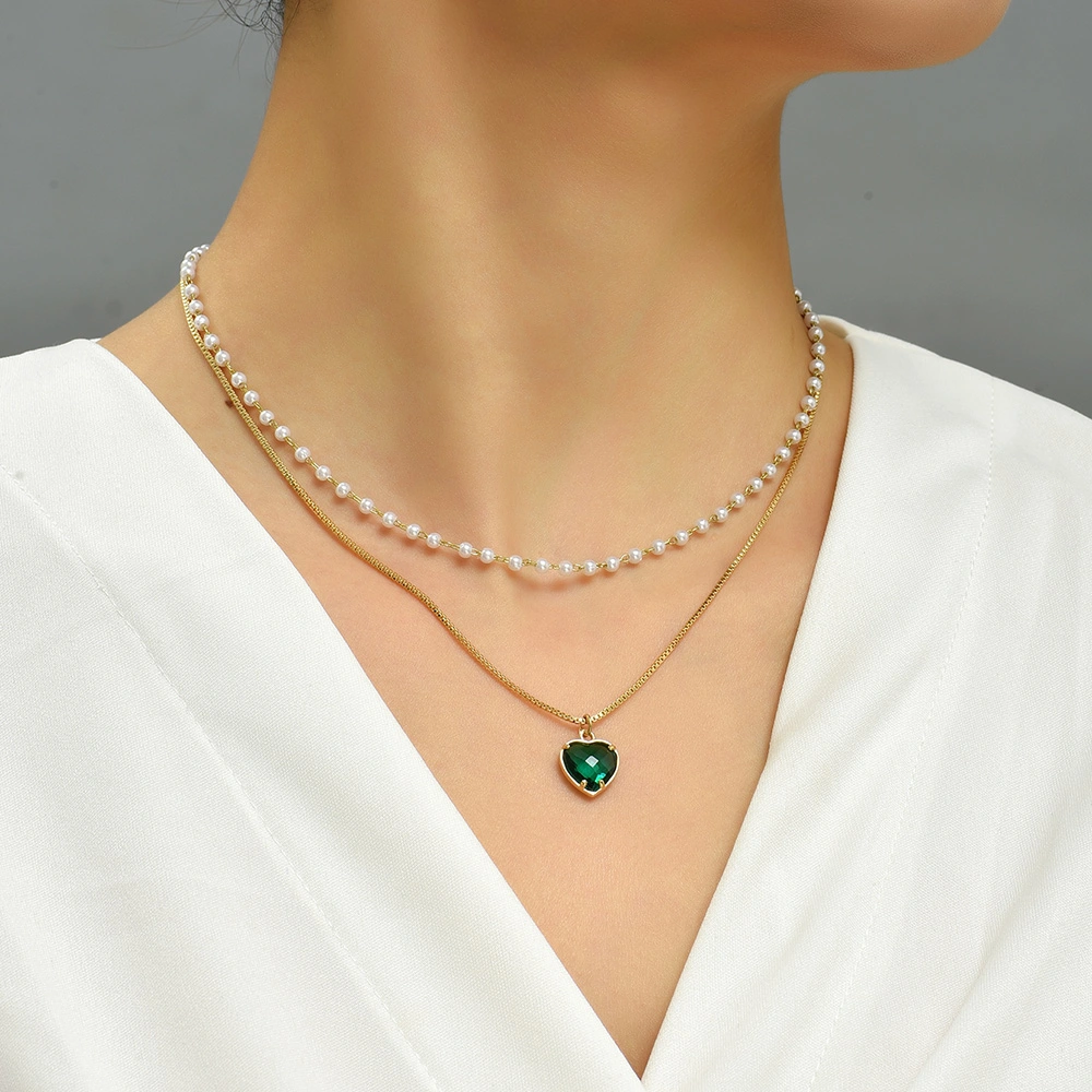 Handmade Imitation Pearl Chain Heart Copper Micro-Set Green Zircon Multilayer Necklace