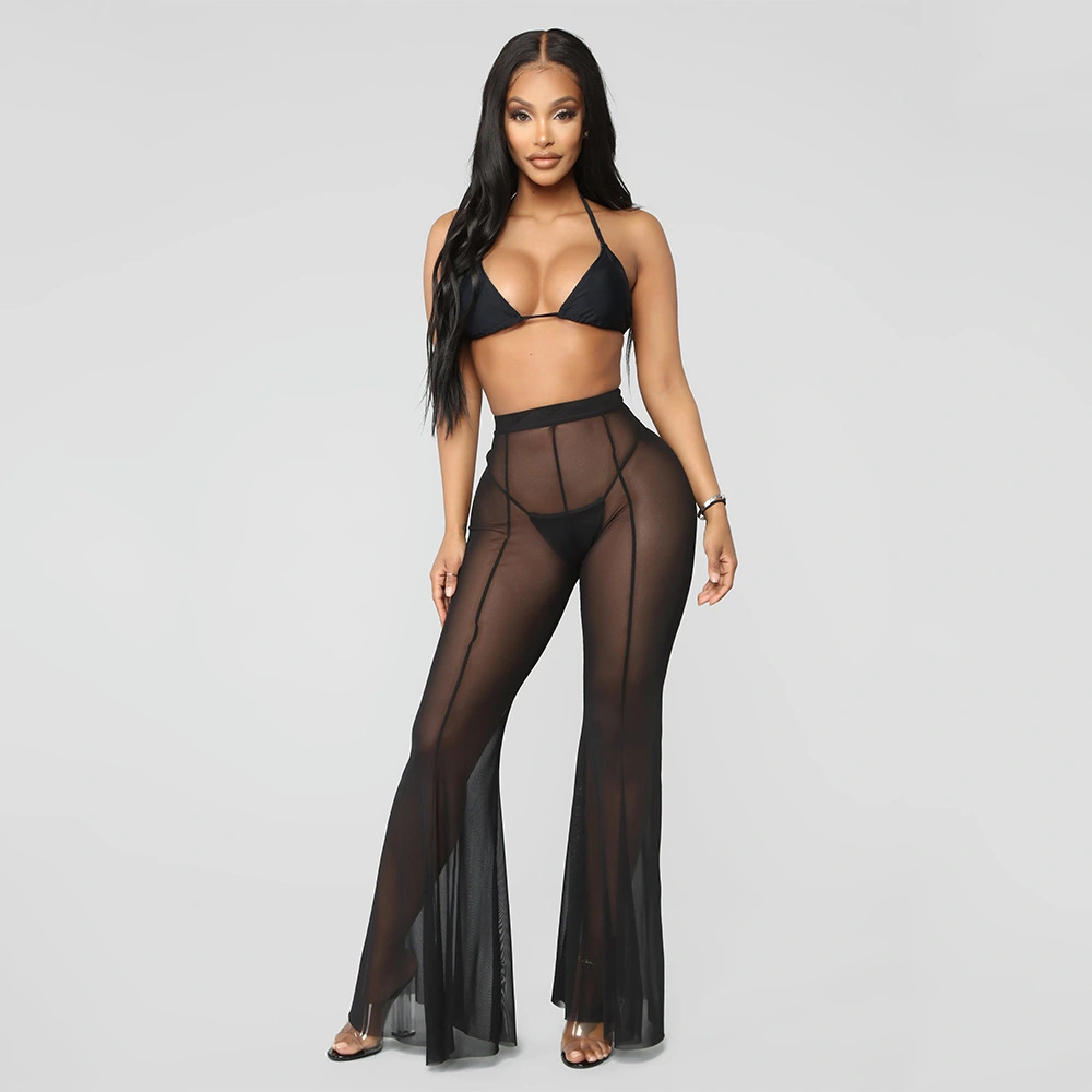 Women's Fashion Mesh See-through Stitching Flared Pants