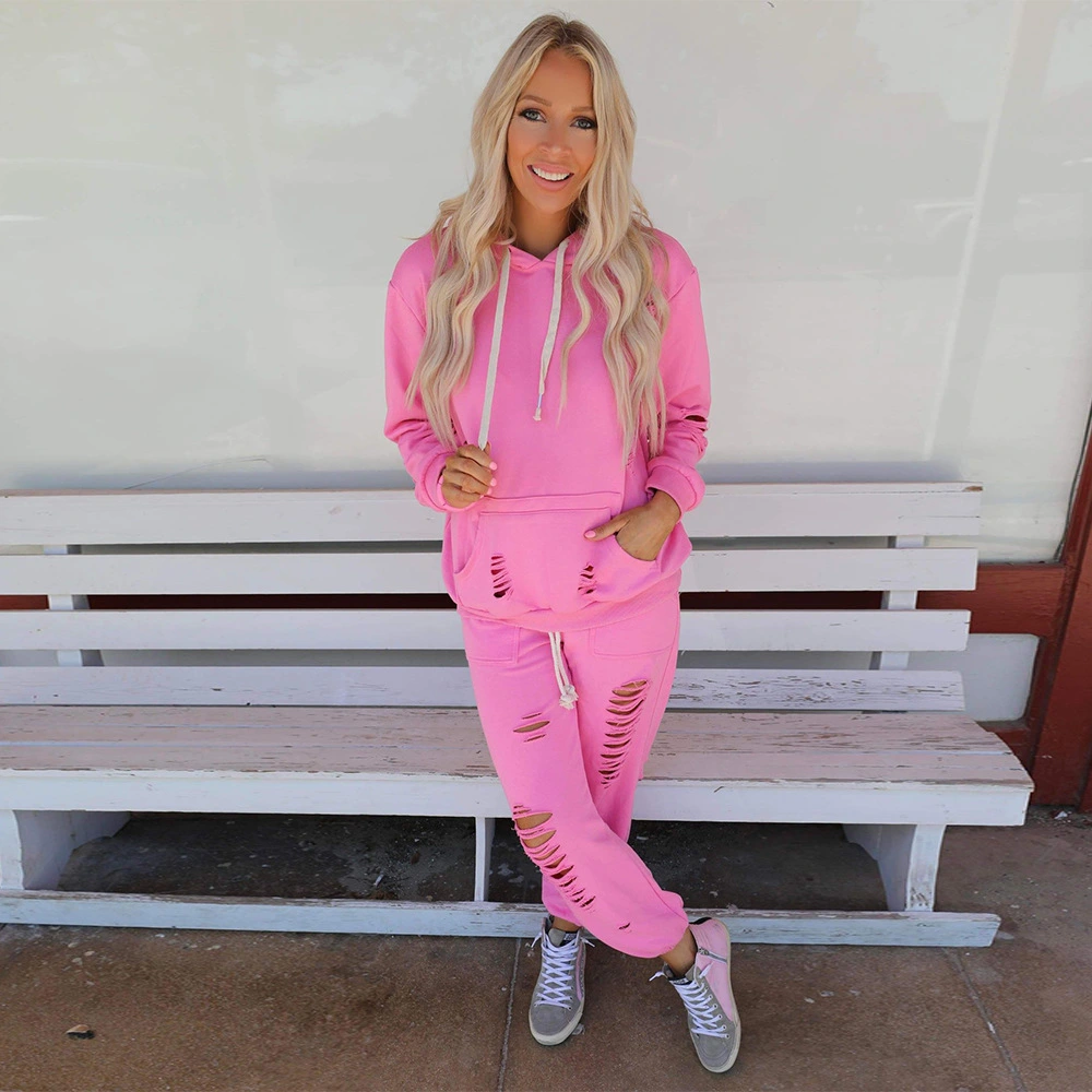 Fashion Solid Color Hooded Long Sleeve Ripped Hole Loose Casual Suit Women