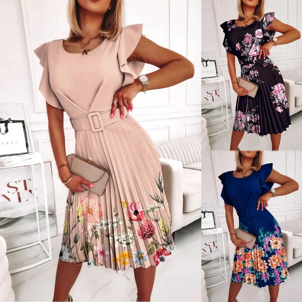 Women's Crewneck Neck Waist Pleated Ruffle Print Dress