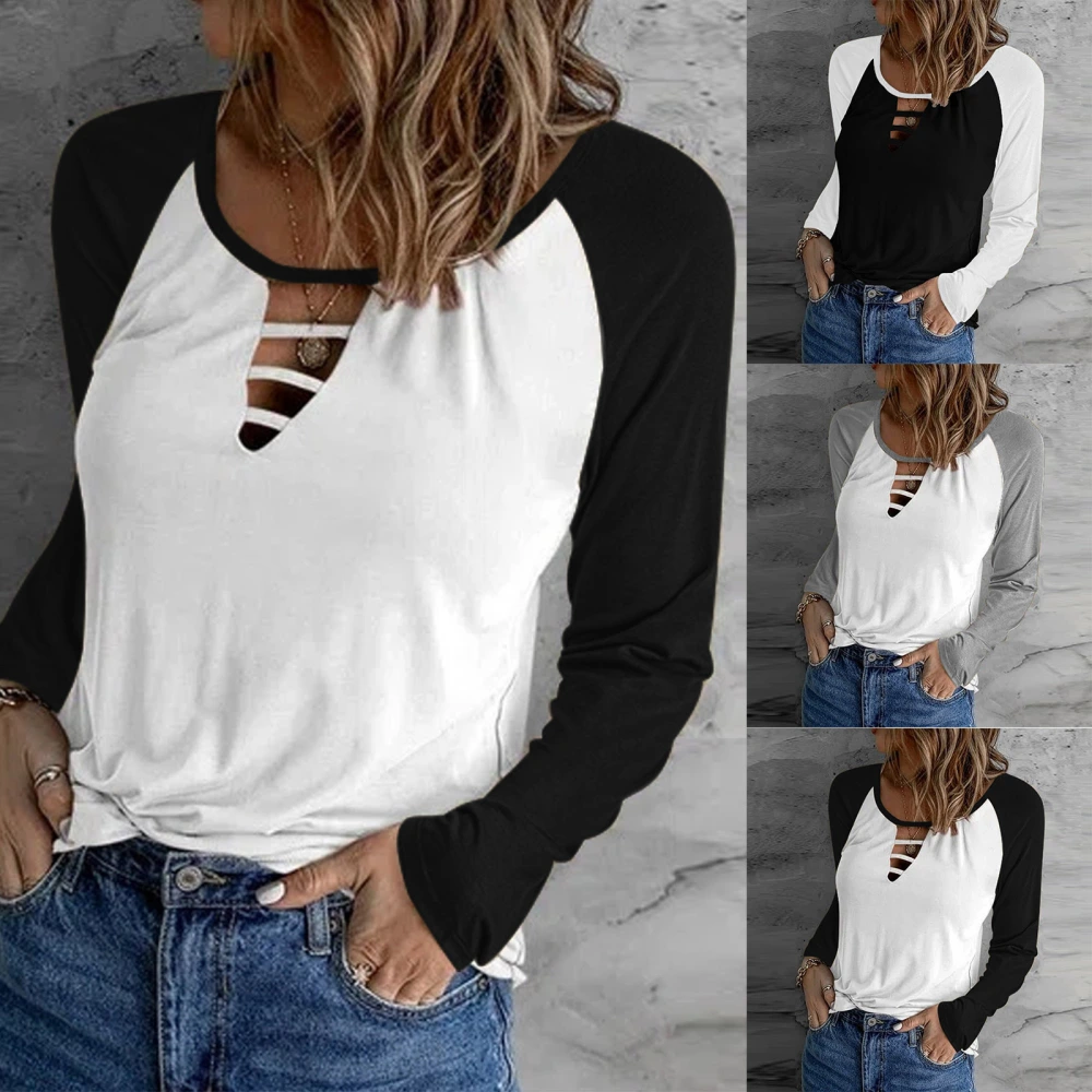 Women's Casual Loose Long Sleeve Colorblock Hollow T-Shirt Top