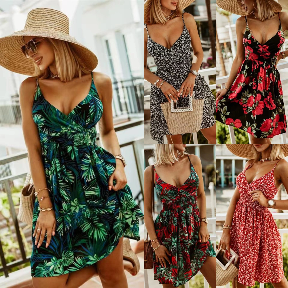 V-neck Sleeveless Suspender Print Boho Dress