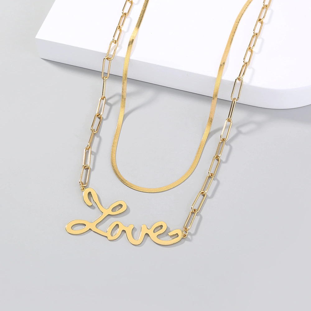 European and American cross-border simple and exaggerated LOVE letter stacking necklace flat gold silk chain texture lattice chain necklace