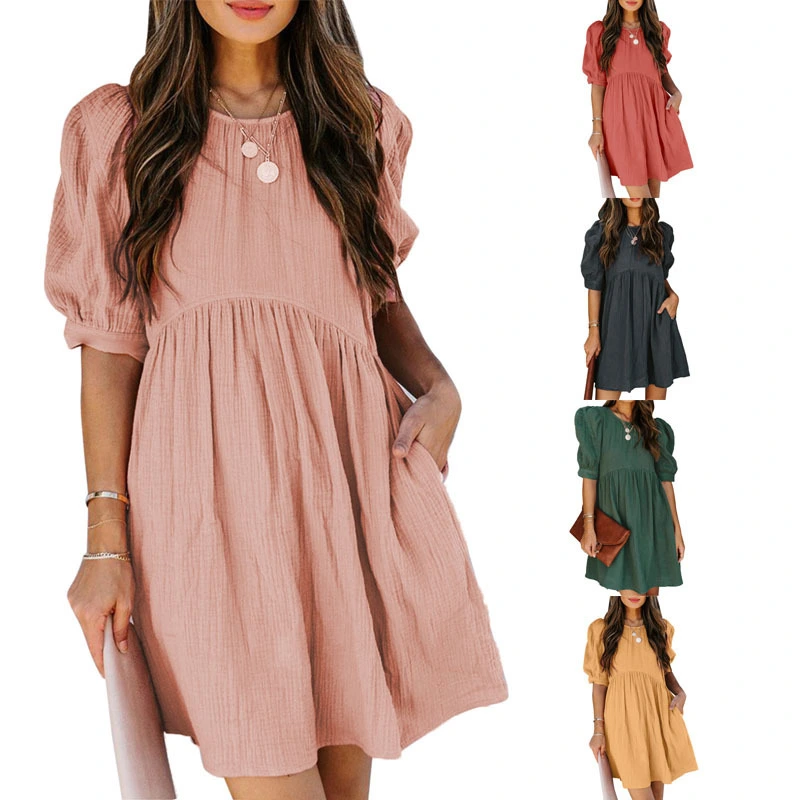 Women's Short Sleeve Loose Puff Sleeves Plus Size Breasted Solid Color Dress