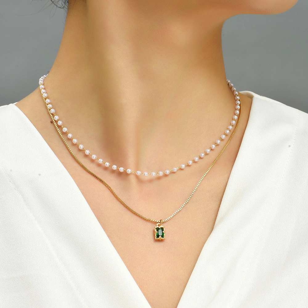 Handmade Imitation Pearl Chain Rectangular Copper Micropaved Green Zircon Multilayer Necklace