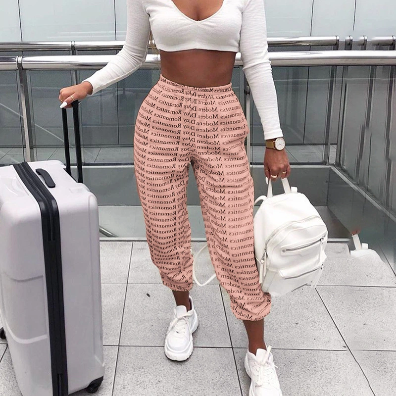 Women's Street Style Print Wide Leg New Letters Print Tie-Up Pants